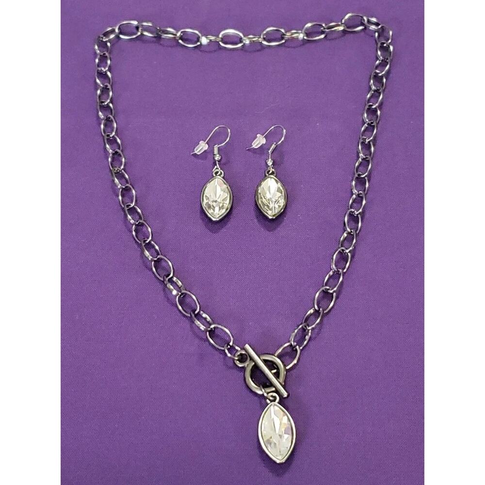 Sparkly Clear Rhinestone Crystal Necklace & Earrings Set Front Toggle Gunmetal